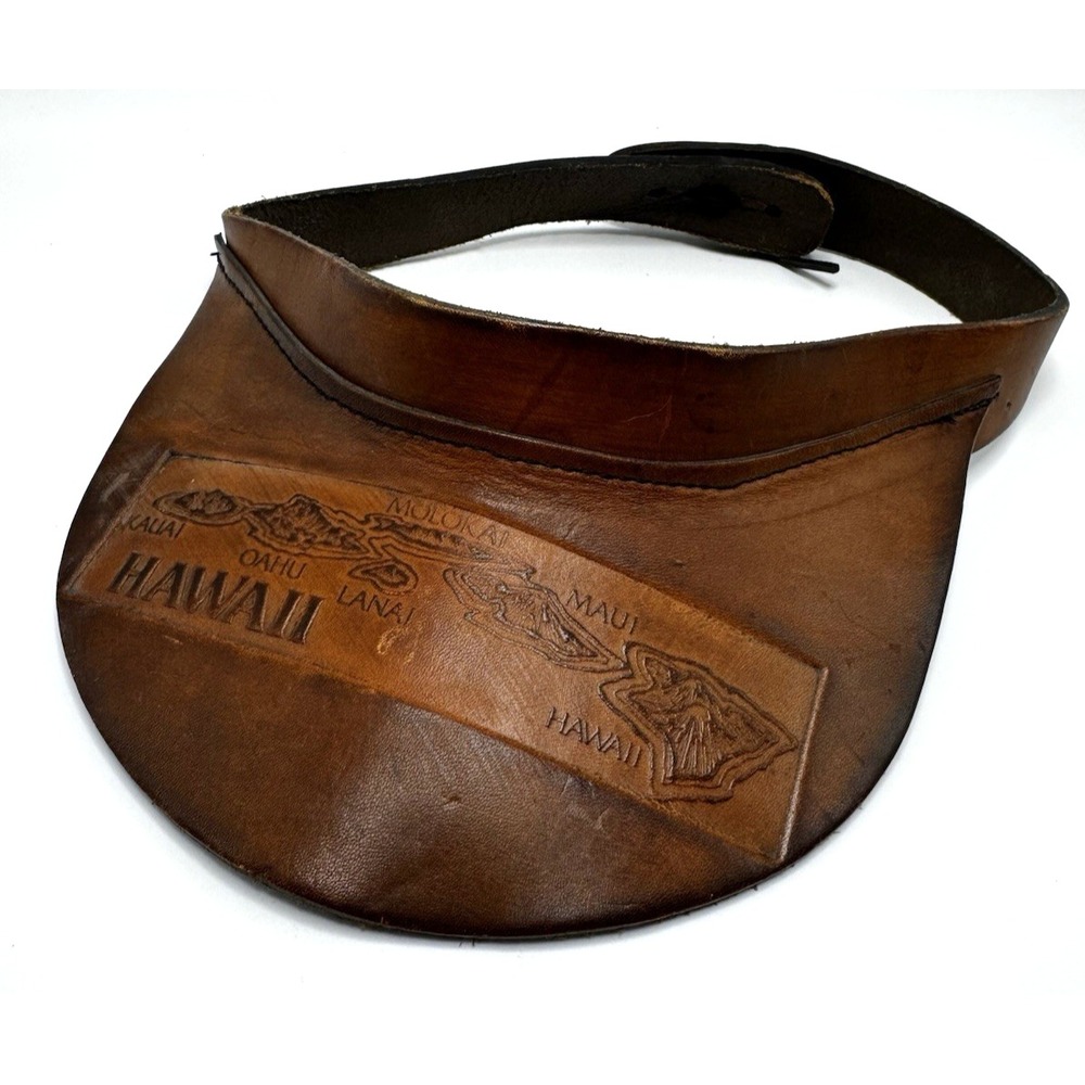 Vintage Brown Tooled Leather Hawaiian Islands Visor Adjustable Handcrafted